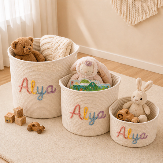 Yumak Bebek® 3’lü İsimli Renkli Örgü Sepet Seti